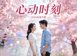 爱情新剧《心动时刻》海报，男女主角在樱花树下