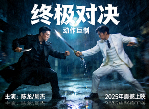 动作片《终极对决》电影海报，两位高手在雨中决战