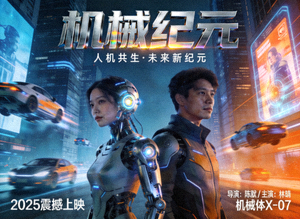 科幻电影《机械纪元》宣传海报，机器人与人类共存场景