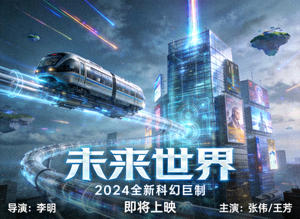 新上映科幻片《未来世界》预告海报，展示高科技城市